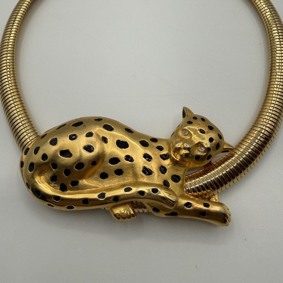 Vintage DR Gold Tone Leopard Collar Necklace Enamel Rhinestone 14 In Womens - Picture 2 of 13
